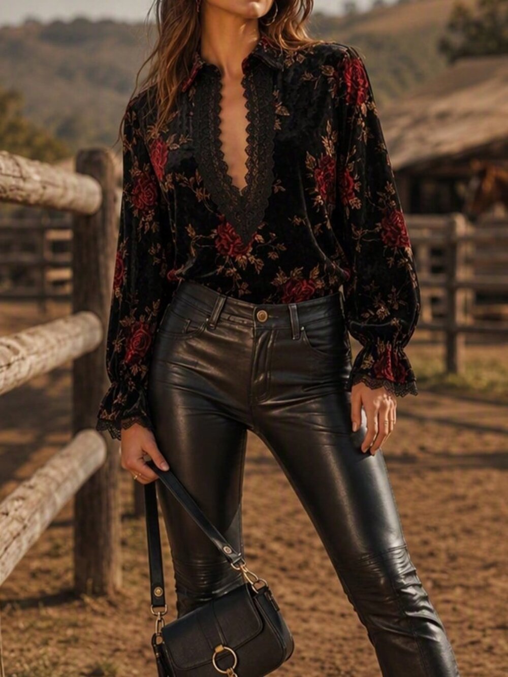 Black Casual Women's Velvet Floral Long Sleeve Shirt